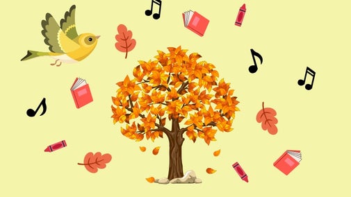 An illustration of an autumn tree with leaves, pencils, books and musical notes around it